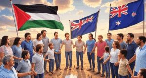 UK, Canada, Australia Recognize Palestinian State: A Bold Step for Peace? Alt Text for Image: Illustration of UK, Canada, Australia, and Palestinian flags uniting for peace in Jerusalem skyline.