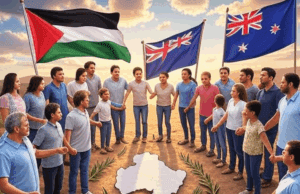 UK, Canada, Australia Recognize Palestinian State: A Bold Step for Peace? Alt Text for Image: Illustration of UK, Canada, Australia, and Palestinian flags uniting for peace in Jerusalem skyline.
