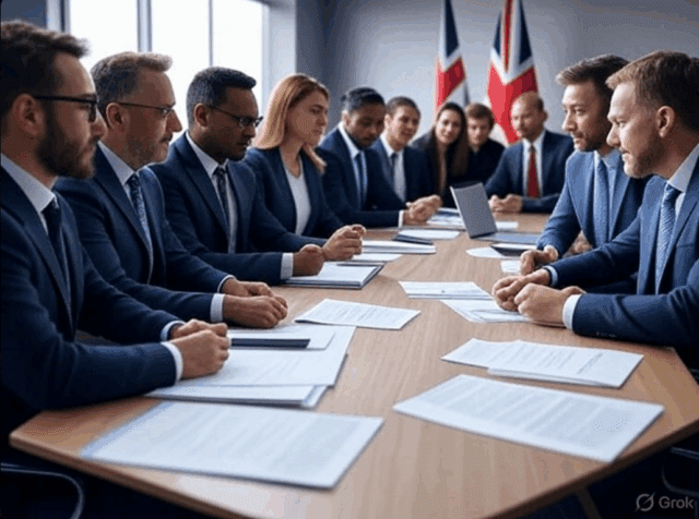 UK-Government-cabinet-reshuffle Alt Text: Illustration of UK politicians in a government office during the latest UK Government cabinet reshuffle.