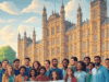 UK Parliament Returns with Major Asylum System Reforms in Focus Illustration of UK Parliament with diverse crowd and asylum system reforms banner