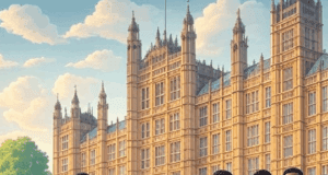 UK Parliament Returns with Major Asylum System Reforms in Focus Illustration of UK Parliament with diverse crowd and asylum system reforms banner