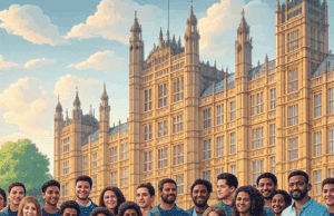 UK Parliament Returns with Major Asylum System Reforms in Focus Illustration of UK Parliament with diverse crowd and asylum system reforms banner