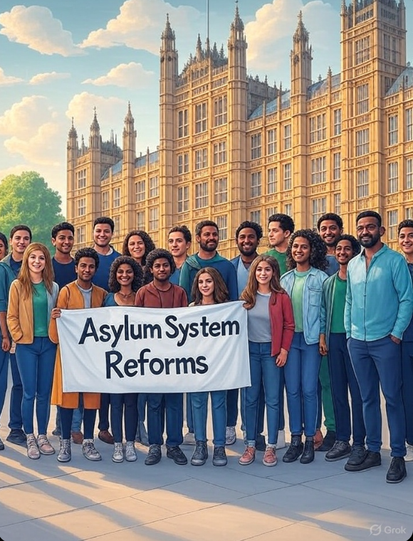 UK-Parliament-and-Asylum-Reform-Illustration Illustration of UK Parliament with diverse crowd and asylum system reforms banner