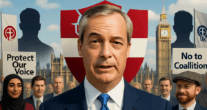 Nigel Farage Security Cut: Reform UK Slams Labour Over Coalition Snubs and Threats Illustration of Nigel Farage facing slashed security threats with Reform UK supporters.