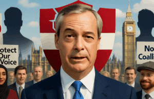 Nigel Farage Security Cut: Reform UK Slams Labour Over Coalition Snubs and Threats Illustration of Nigel Farage facing slashed security threats with Reform UK supporters.