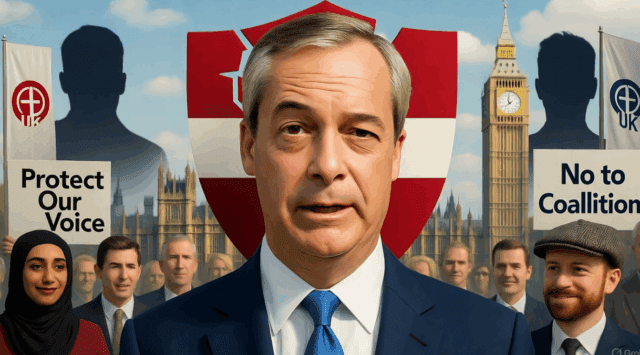 Illustration of Nigel Farage facing slashed security threats with Reform UK supporters.