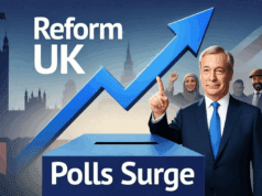 Reform UK Polls Surge to 35%: Labour Slump Sparks Political Earthquake Illustration of Reform UK polls surge graph with Nigel Farage and supporters.