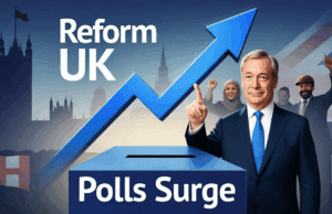 Reform UK Polls Surge to 35%: Labour Slump Sparks Political Earthquake Illustration of Reform UK polls surge graph with Nigel Farage and supporters.