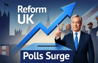 Reform UK Polls Surge to 35%: Labour Slump Sparks Political Earthquake Illustration of Reform UK polls surge graph with Nigel Farage and supporters.