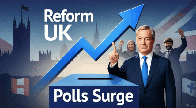 Illustration of Reform UK polls surge graph with Nigel Farage and supporters.