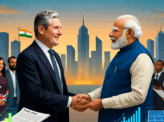 UK PM Starmer’s India Visit Kicks Off with Fintech Fest and Trade Talks Illustration of Starmer and Modi shaking hands during UK PM Starmer India visit.