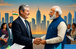 UK PM Starmer’s India Visit Kicks Off with Fintech Fest and Trade Talks Illustration of Starmer and Modi shaking hands during UK PM Starmer India visit.