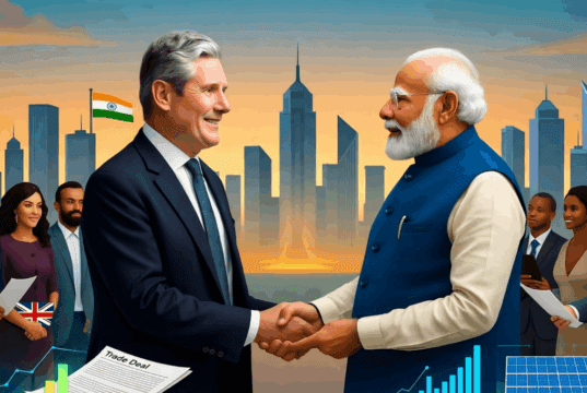 UK PM Starmer’s India Visit Kicks Off with Fintech Fest and Trade Talks Illustration of Starmer and Modi shaking hands during UK PM Starmer India visit.
