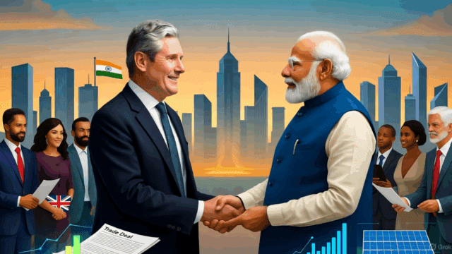 UK-PM-Starmer-India-visit Illustration of Starmer and Modi shaking hands during UK PM Starmer India visit.